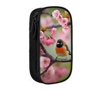 HEBSDFG Bird in Peach Tree Print Pencil Case, Black High-Capacity Pen Pencil Pouch Stationery Organizer with Pen Slots & Pouches for School Travel Makeup