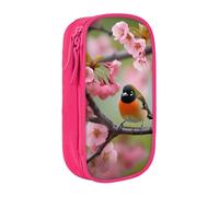 HEBSDFG Bird in Peach Tree Print Pencil Case, Pink High-Capacity Pen Pencil Pouch Stationery Organizer with Pen Slots & Pouches for School Travel Makeup