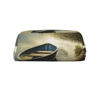HEBSDFG Boat at Lake Shore Printed Pencil Case with Gold Zipper, Crosshatch Leather Makeup Bag, Pen Pouch Organiser for School, Office & Travel