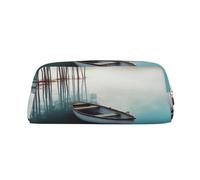 HEBSDFG Boat in Lake Landscape Printed Pencil Case with Gold Zipper, Crosshatch Leather Makeup Bag, Pen Pouch Organiser for School, Office & Travel