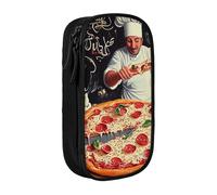 HEBSDFG Chef Pizza Print Pencil Case, Black High-Capacity Pen Pencil Pouch Stationery Organizer with Pen Slots & Pouches for School Travel Makeup