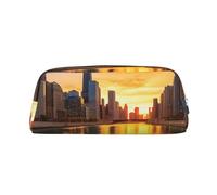 HEBSDFG Chicago Downtown Sunset Printed Pencil Case with Silver Zipper, Crosshatch Leather Makeup Bag, Pen Pouch Organiser for School, Office & Travel