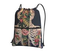 HEBSDFG Drawstring Backpack Skeleton Skull with Flower Printed Water Resistant Outdoor Casual Backpack Sport Gym Travel Bags for Men Women