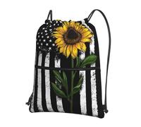 HEBSDFG Drawstring Backpack Sunflower And American Flag Printed Water Resistant Outdoor Casual Backpack Sport Gym Travel Bags for Men Women