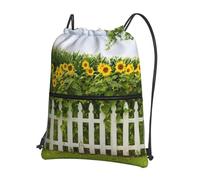 HEBSDFG Drawstring Backpack Sunflowers white picket fence Printed Water Resistant Outdoor Casual Backpack Sport Gym Travel Bags for Men Women