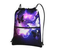 HEBSDFG Drawstring Backpack White Purple Butterflies Printed Water Resistant Outdoor Casual Backpack Sport Gym Travel Bags for Men Women
