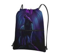 HEBSDFG Drawstring Backpack Wolves Howl in the Northern Lights Printed Water Resistant Outdoor Casual Backpack Sport Gym Travel Bags for Men Women