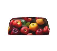 HEBSDFG Fruits on Wood Printed Pencil Case with Gold Zipper, Crosshatch Leather Makeup Bag, Pen Pouch Organiser for School, Office & Travel