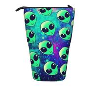HEBSDFG Green Alien Prints Retractable Pencil Case & Cosmetic Pouch, Big Stationery Bag Pen Box for School Office Travel