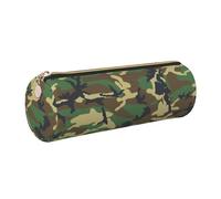 HEBSDFG Green Military Camouflage Prints Round Pencil Case & Cosmetic Pouch, Gold Zipper Desk Stationery Organizer Leather Pencil Pouch for School Office Travel Gift