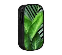 HEBSDFG Green Palm Leaf Print Pencil Case, Black High-Capacity Pen Pencil Pouch Stationery Organizer with Pen Slots & Pouches for School Travel Makeup