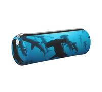 HEBSDFG Hammerhead Sharks Prints Round Pencil Case & Cosmetic Pouch, Silver Zipper Desk Stationery Organizer Leather Pencil Pouch for School Office Travel Gift