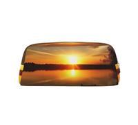 HEBSDFG Lake Under Sunset Printed Pencil Case with Gold Zipper, Crosshatch Leather Makeup Bag, Pen Pouch Organiser for School, Office & Travel