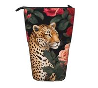 HEBSDFG Leopard and Roses Prints Retractable Pencil Case & Cosmetic Pouch, Zippered Stationery Bag Pen Box for School Office Travel