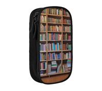 HEBSDFG Library Bookshelf Print Pencil Case, Black High-Capacity Pen Pencil Pouch Stationery Organizer with Pen Slots & Pouches for School Travel Makeup