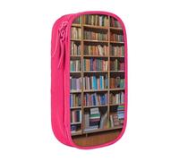 HEBSDFG Library Bookshelf Print Pencil Case, Pink High-Capacity Pen Pencil Pouch Stationery Organizer with Pen Slots & Pouches for School Travel Makeup