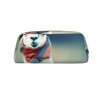 HEBSDFG Llama in A Scarf Printed Pencil Case with Silver Zipper, Crosshatch Leather Makeup Bag, Pen Pouch Organiser for School, Office & Travel