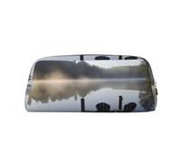 HEBSDFG Morning at The Lake Printed Pencil Case with Gold Zipper, Crosshatch Leather Makeup Bag, Pen Pouch Organiser for School, Office & Travel