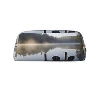 HEBSDFG Morning at The Lake Printed Pencil Case with Silver Zipper, Crosshatch Leather Makeup Bag, Pen Pouch Organiser for School, Office & Travel