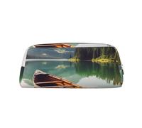 HEBSDFG Mountain Lake Boat Printed Pencil Case with Silver Zipper, Crosshatch Leather Makeup Bag, Pen Pouch Organiser for School, Office & Travel