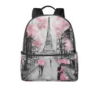 HEBSDFG Paris Street Eiffel Tower Pink Floral Prints Lightweight School Backpack, Cute School Bag Laptop Rucksack Backpack Stylish Casual Daypacks Travel Backpack