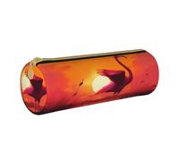 HEBSDFG Pink Flamingo Sunset Prints Round Pencil Case & Cosmetic Pouch, PVC Leather Zippered Organiser for School Office Travel Stylish Gifting