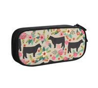 HEBSDFG Pink Flower Show Steer Cows Cattle Print Cute Pencil Case Pouch for Boys Girls, Black High Capacity Travel Pen Bag Organizer Makeup Bag for Student School College Office