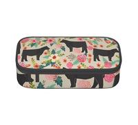 HEBSDFG Pink Flower Show Steer Cows Cattle Print Pencil Case Large Pen Bag Cute Compartment Desk Organizer Make up Bag for School, Office, Makeup, Travel