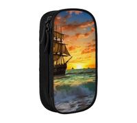 HEBSDFG Pirate Ship in The Sunset Print Pencil Case, Black High-Capacity Pen Pencil Pouch Stationery Organizer with Pen Slots & Pouches for School Travel Makeup