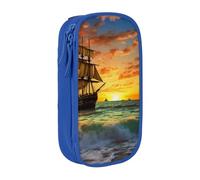 HEBSDFG Pirate Ship in The Sunset Print Pencil Case, Blue High-Capacity Pen Pencil Pouch Stationery Organizer with Pen Slots & Pouches for School Travel Makeup
