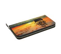 HEBSDFG Pirate Ship in The Sunset Printed Long Wallet for Men and Women PU Leather Hand Purse with Card Holder, Zipper Closure