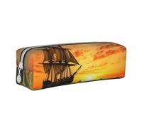HEBSDFG Pirate Ship in The Sunset Prints Leather Pencil Case & Cosmetic Pouch, Minimalist Zippered Organiser for School Office Travel Stylish Gifting
