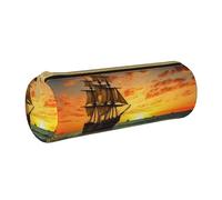 HEBSDFG Pirate Ship in The Sunset Prints Round Pencil Case & Cosmetic Pouch, PVC Leather Zippered Organiser for School Office Travel Stylish Gifting