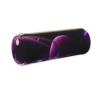 HEBSDFG Purple Fantasy Mystic Planet Prints Round Pencil Case & Cosmetic Pouch, Gold Zipper Desk Stationery Organizer Leather Pencil Pouch for School Office Travel Gift