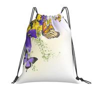 HEBSDFG Purple Yellow Floral Butterflies Womens Drawstring Gym Bags Mens Sports Backpack Lightweight Beach Tote Reusable Shopping Bag