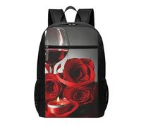 HEBSDFG Red Rose and Wine Romantic Lovers Decor Printed Travel Laptop Backpack for Men Women, Large Capacity Business Rucksack with Anti-Theft Pockets Daypack for School, Work & Outdoor