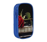 HEBSDFG Red Rose on Piano Print Pencil Case, Blue High-Capacity Pen Pencil Pouch Stationery Organizer with Pen Slots & Pouches for School Travel Makeup