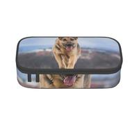 HEBSDFG Running German Shepherd Dog Print Pencil Case Large Pen Bag Cute Compartment Desk Organizer Make up Bag for School, Office, Makeup, Travel