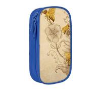 HEBSDFG Rural Honey Bees Wildflowers Print Pencil Case, Blue High-Capacity Pen Pencil Pouch Stationery Organizer with Pen Slots & Pouches for School Travel Makeup