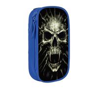 HEBSDFG Scary Skull Print Pencil Case, Blue High-Capacity Pen Pencil Pouch Stationery Organizer with Pen Slots & Pouches for School Travel Makeup