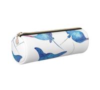 HEBSDFG Sea Animals Stingrays Prints Round Pencil Case & Cosmetic Pouch, Gold Zipper Desk Stationery Organizer Leather Pencil Pouch for School Office Travel Gift