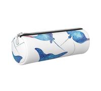 HEBSDFG Sea Animals Stingrays Prints Round Pencil Case & Cosmetic Pouch, Silver Zipper Desk Stationery Organizer Leather Pencil Pouch for School Office Travel Gift