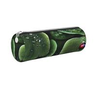 HEBSDFG Sitting Green Three Leaf Insect Prints Round Pencil Case & Cosmetic Pouch, Silver Zipper Desk Stationery Organizer Leather Pencil Pouch for School Office Travel Gift