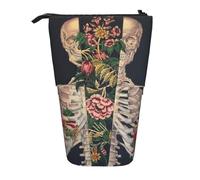 HEBSDFG Skeleton Skull with Flower Prints Retractable Pencil Case & Cosmetic Pouch, Big Stationery Bag Pen Box for School Office Travel