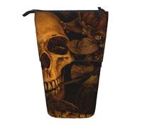 HEBSDFG Skull and Dry Leaves Prints Retractable Pencil Case & Cosmetic Pouch, Big Stationery Bag Pen Box for School Office Travel