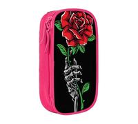 HEBSDFG Skull Rose Print Pencil Case, Pink High-Capacity Pen Pencil Pouch Stationery Organizer with Pen Slots & Pouches for School Travel Makeup
