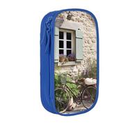 HEBSDFG Stone House with Bike Print Pencil Case, Blue High-Capacity Pen Pencil Pouch Stationery Organizer with Pen Slots & Pouches for School Travel Makeup