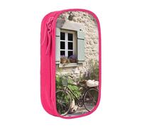 HEBSDFG Stone House with Bike Print Pencil Case, Pink High-Capacity Pen Pencil Pouch Stationery Organizer with Pen Slots & Pouches for School Travel Makeup