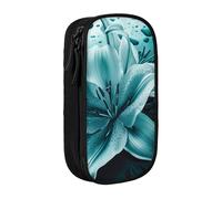 HEBSDFG Teal Lily Print Pencil Case, Black High-Capacity Pen Pencil Pouch Stationery Organizer with Pen Slots & Pouches for School Travel Makeup