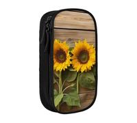 HEBSDFG Three Sunflowers on Wooden Print Pencil Case, Black High-Capacity Pen Pencil Pouch Stationery Organizer with Pen Slots & Pouches for School Travel Makeup